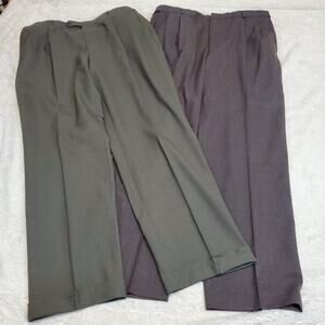 Lands End Brown Green Wool Straight Leg Office Pleated Set of 2 Dress Pant 37x31
